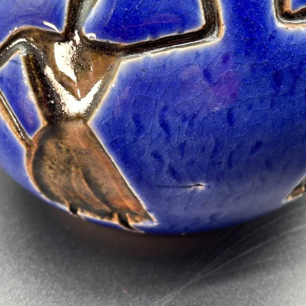 Studio Art Pottery Signed EVE Blue Glaze Vase Figure Imprints In Black Glaze